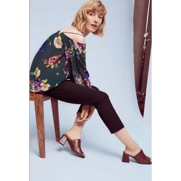 Maeve Tallie Open Shoulder Silk Blouse Size Medium Green Floral Anthropologie - Picture 4 of 10